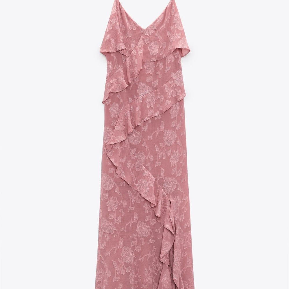 Zara Dusty Pink ruffle jacquard floral cami midi wedding guest Dress size S BNWT